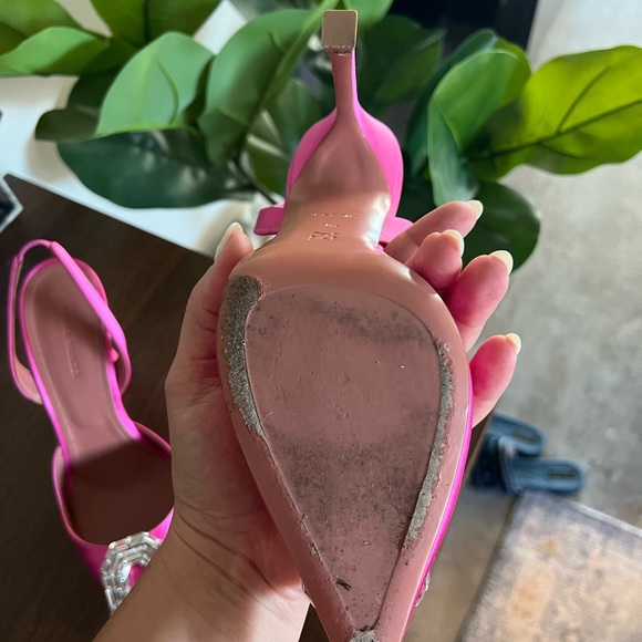 Amina Muaddi Pink Satin Camelia Sling 105 - Picture 5 of 9